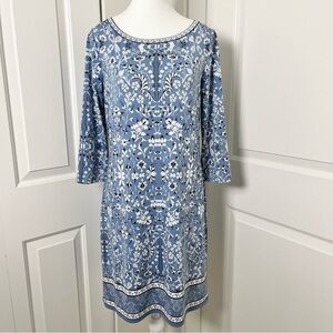 Max Studio Blue & White Floral Midi Sheath Dress – Pullover, 3/4 Sleeves, Size M